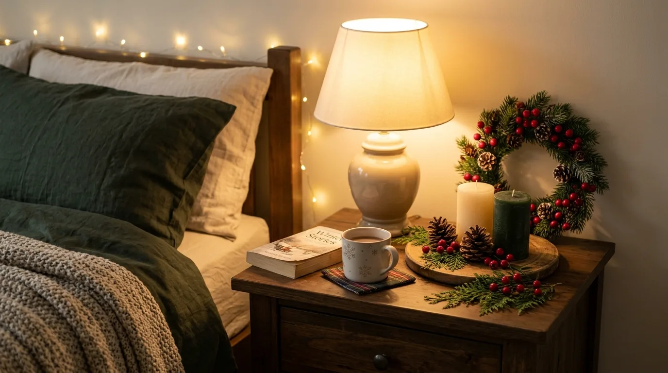 Bring in candlelight or warmer bedside lamps inspiration for a Christmas bedroom.